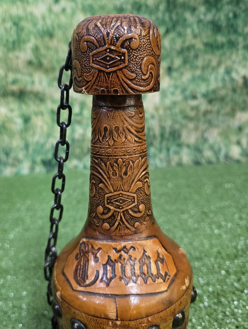 Vintage Handtooled Spanish Leather Glass Conac Decanter w Cork Plug Chain Tassel
